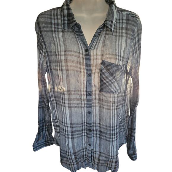 Lucky Blue Stripe Shirt Long Sleeve Button Up Semi Sheer Sz M - Picture 3 of 7